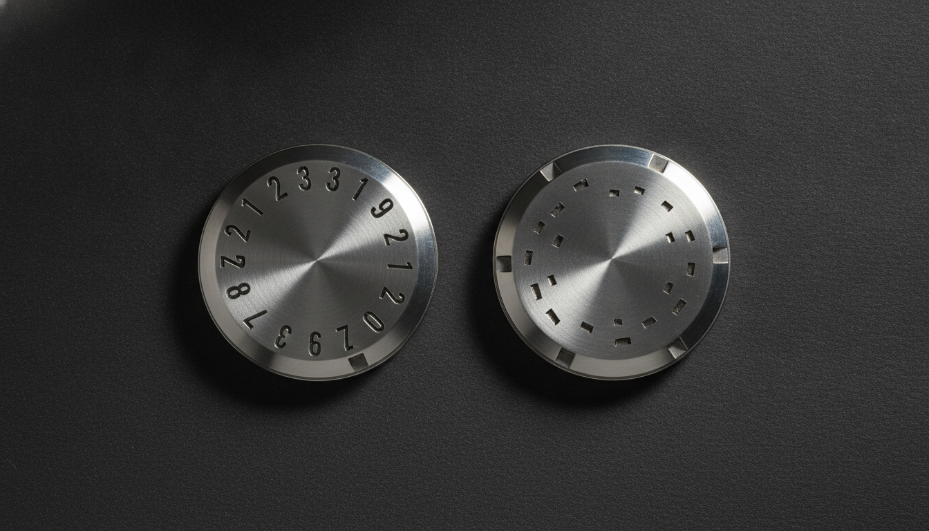 Side-by-side comparison of two engraved stainless steel watch casebacks under ra