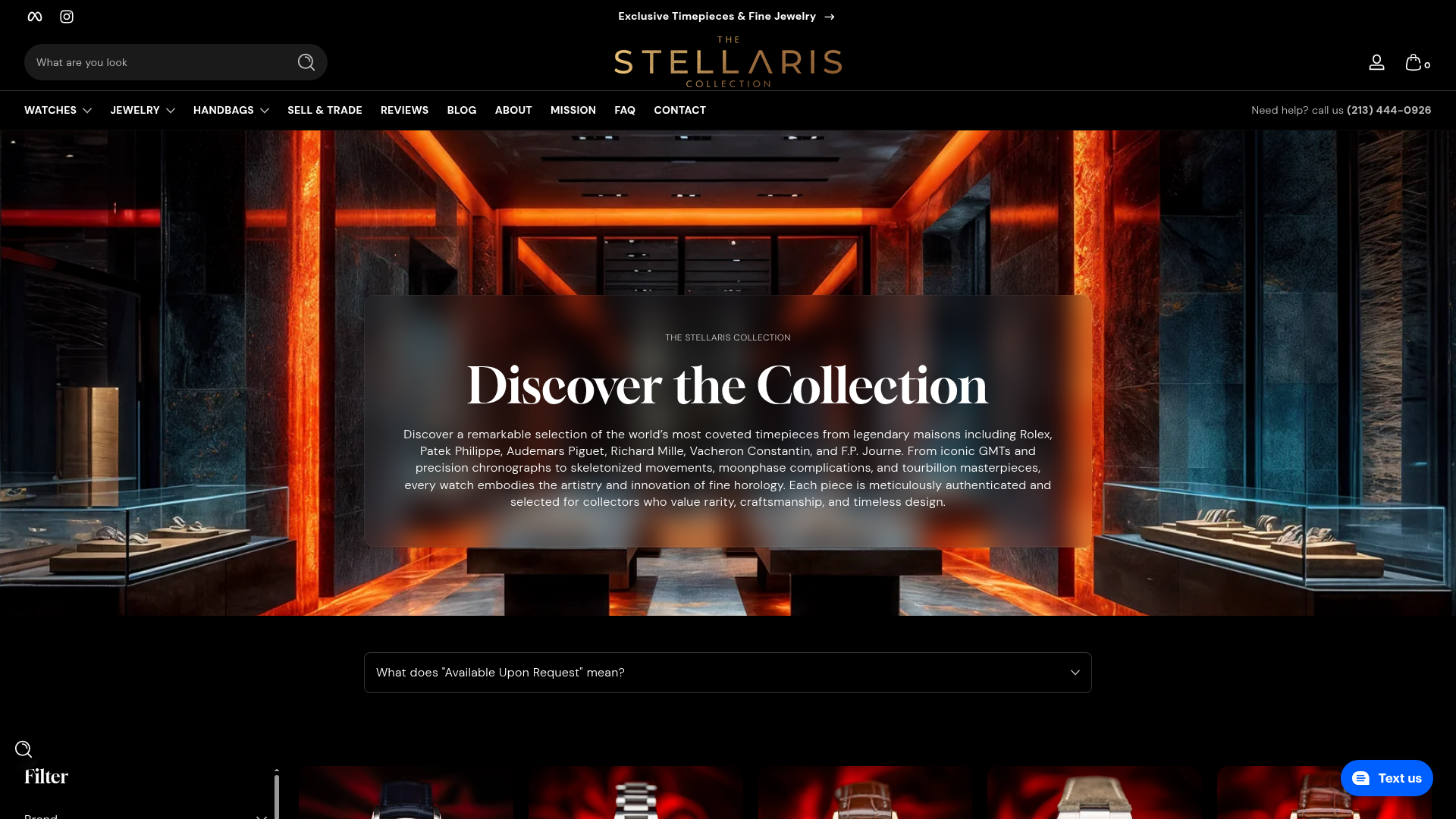 The Stellaris Collection curated watches collection page showing editorial photography of available timepieces.