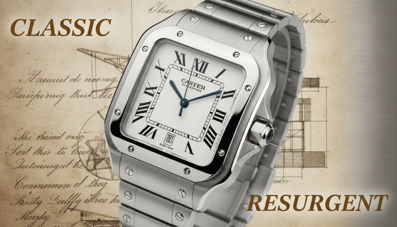 A detailed, realistic Cartier Santos watch, showcasing its iconic square case, Roman numerals, and visible screws on the bezel. The background subtly blends historical documents or blueprints with a modern, clean aesthetic, hinting at both its heritage and current resurgence. Text overlay: 'CLASSIC' and 'RESURGENT' in elegant, large fonts. Focus on a classic, non-futuristic art style.