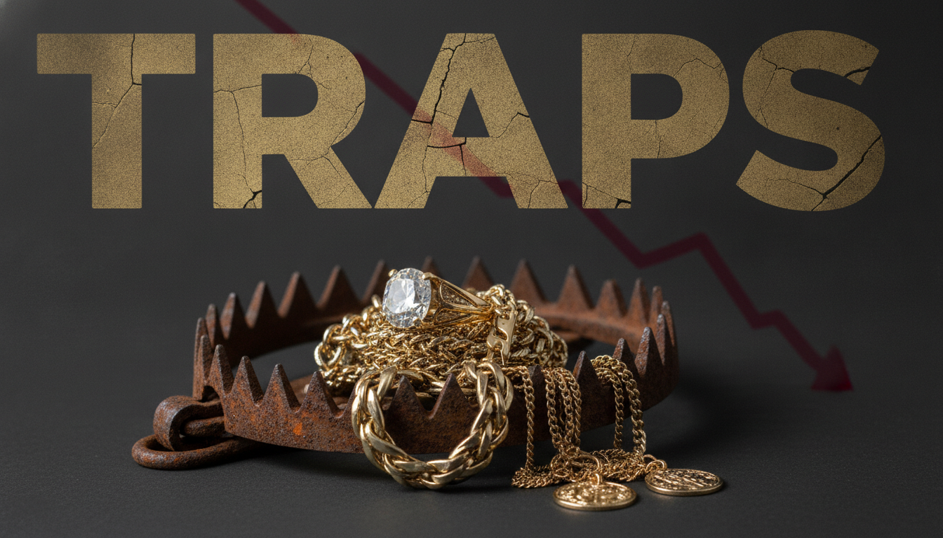 Jewelry investment traps represented by a tangled ring and necklace in a bear trap