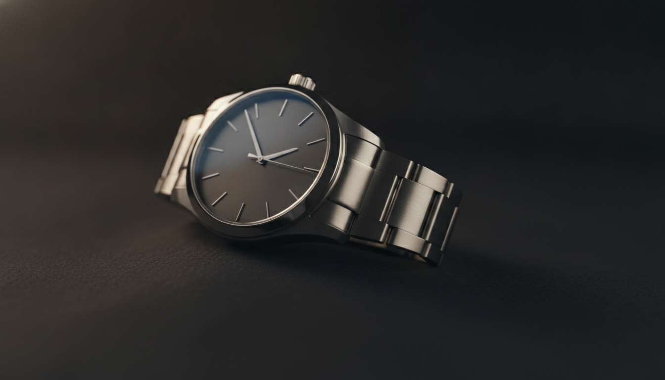 A single luxury wristwatch displayed alone on a dark warm surface with soft dire