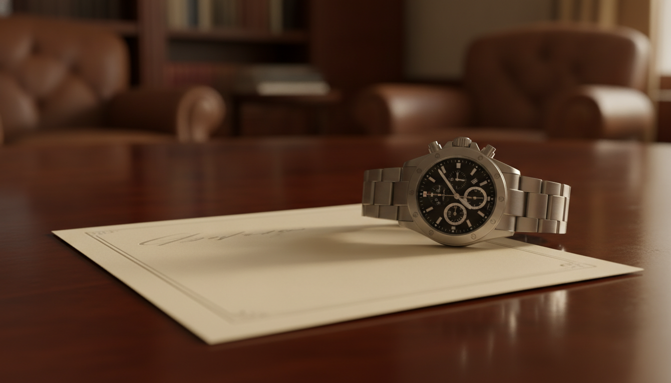 Handwritten note on cream correspondence paper beside a luxury sports watch on a