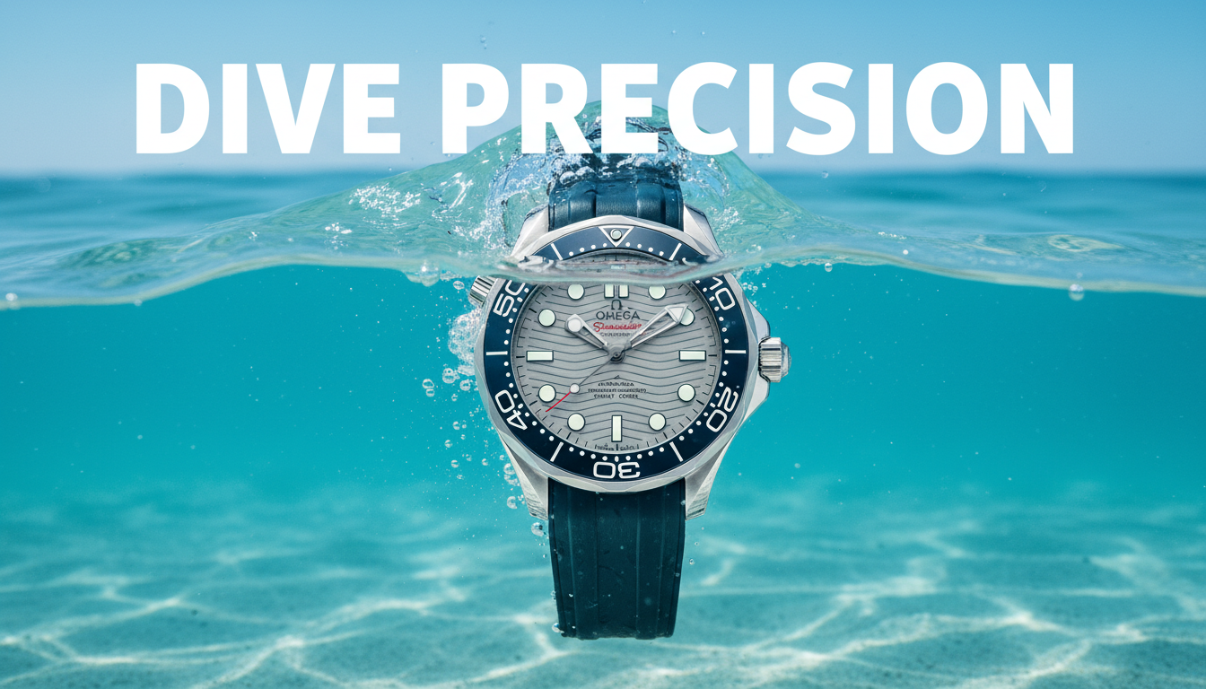 A dynamic shot of the OMEGA Seamaster Diver 300M, partially submerged in clear blue water or with a subtle wave effect, emphasizing its robust diver capabilities and precision. The keywords