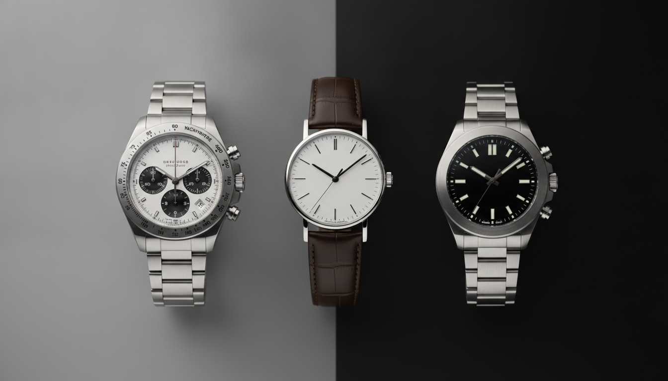Three luxury watches — a chronograph, a dress watch, and a steel sports watch —