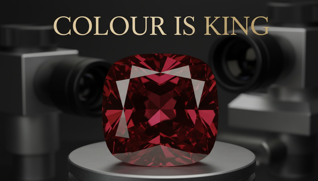 A stunning macro close-up of a deep, vivid red cushion-cut diamond