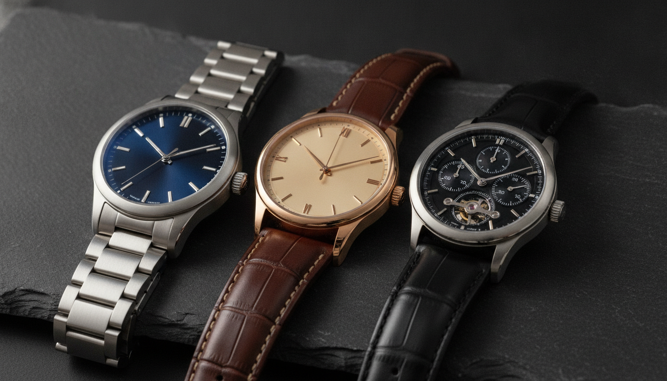 Editorial product lineup of three curated luxury wristwatches on a dark slate su