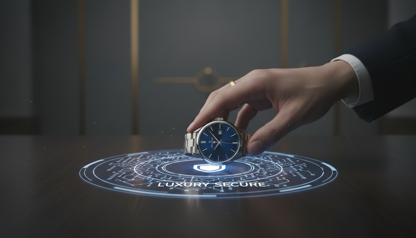 A sophisticated image showing a person (or a hand) placing a luxury item like a high-end watch or a unique piece of art onto a secure, digital platform. Subtle, abstract blockchain patterns or a shield icon subtly indicate security without being overly futuristic. The background is elegant and muted, suggesting a high-value transaction environment. Text overlay: 