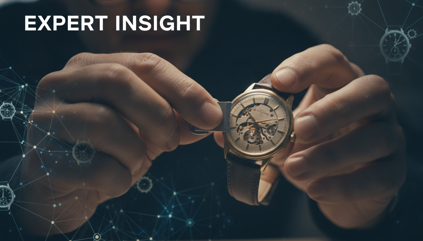 Expert watch appraiser examining a vintage wristwatch.