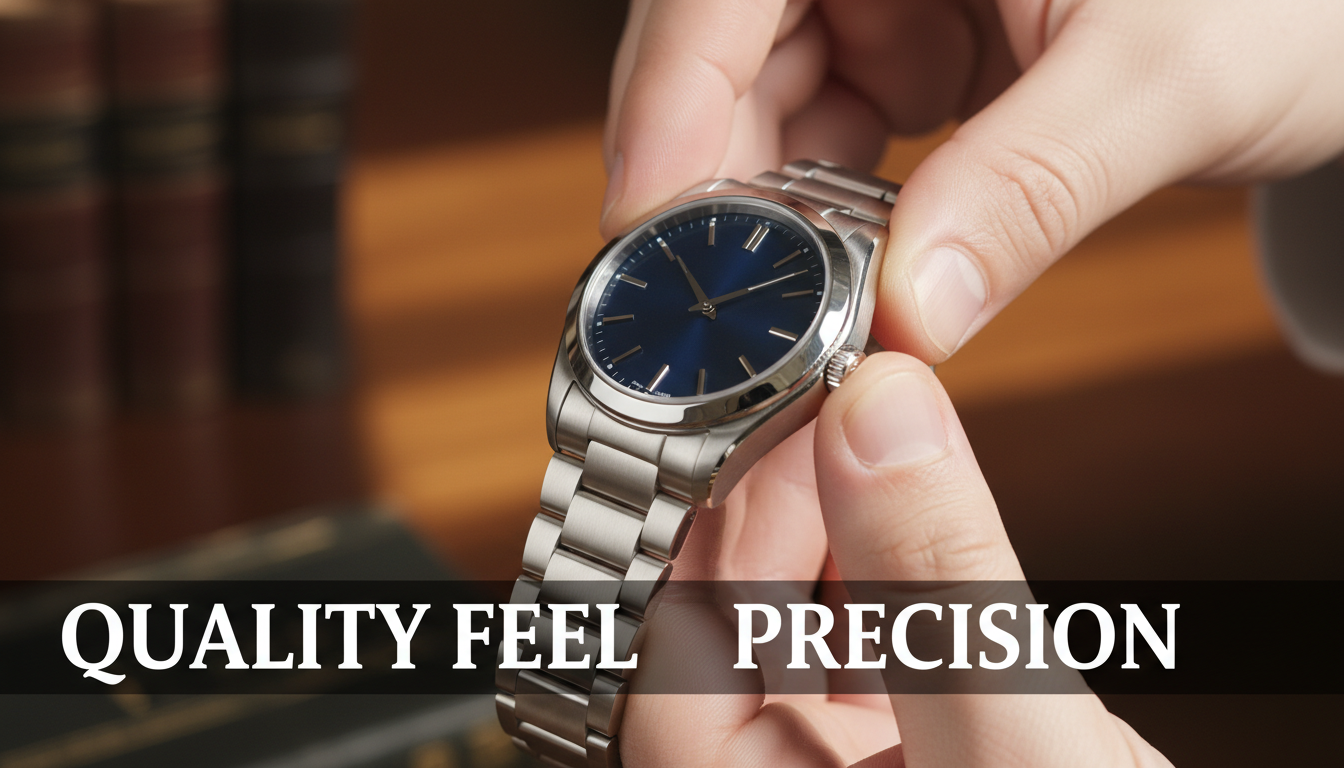 A close-up, high-detail shot of a person's hands carefully examining a genuine luxury wristwatch. One hand cradles the watch, conveying its substantial weight and balanced feel. The watch's highly polished stainless steel case and bracelet display perfect, sharp edges and uniform brushed surfaces, free of any imperfections. The other hand gently turns the fluted crown, illustrating smooth, precise movement. The overall aesthetic is one of meticulous craftsmanship and authenticity. Keywords in large fonts: 'QUALITY FEEL', 'PRECISION'.