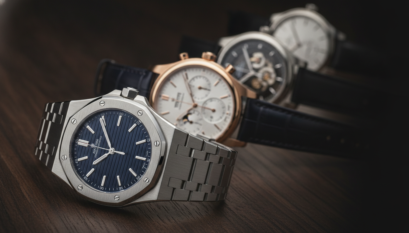 Editorial row of five luxury wristwatches from different maisons on a dark wood surface, showing steel, yellow gold, rose gold, titanium, and platinum finishes.