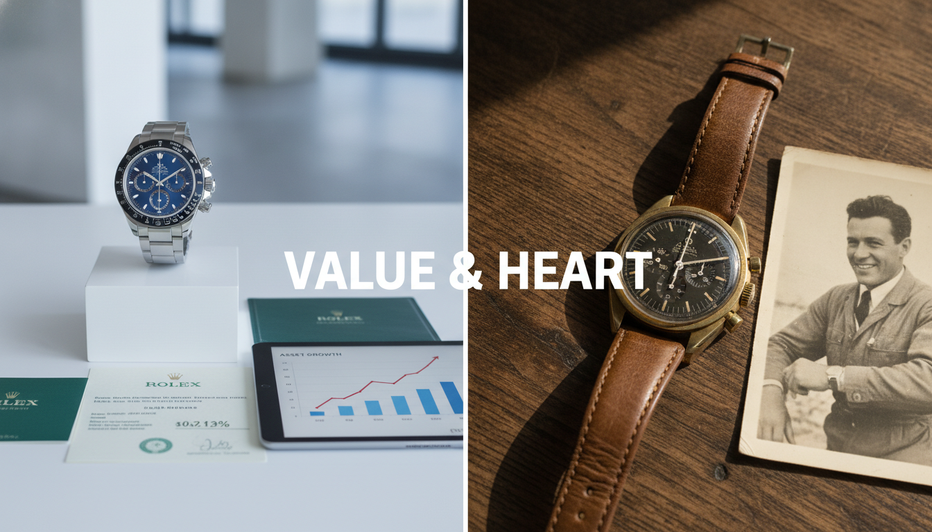 Split image showing a modern investment watch and a vintage sentimental watch.