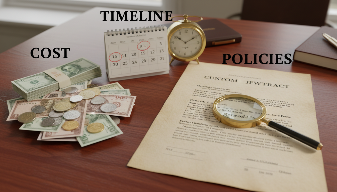A visual representation of a detailed custom jewelry contract or policy document, laid out on a polished wooden desk. Next to it, a stack of bills and coins for 'Cost' and a calendar with varied completion dates and a clock showing an extended wait for 'Timeline'. A section of the document highlights 'Policies' with a magnifying glass over fine print. The image should convey the importance of clear agreements and potential risks. Realistic, professional, non-futuristic style. In the image, in large, classic fonts: