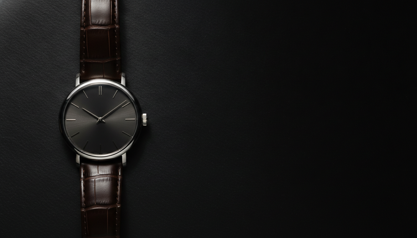 A single luxury wristwatch resting on a dark surface with deliberately empty spa
