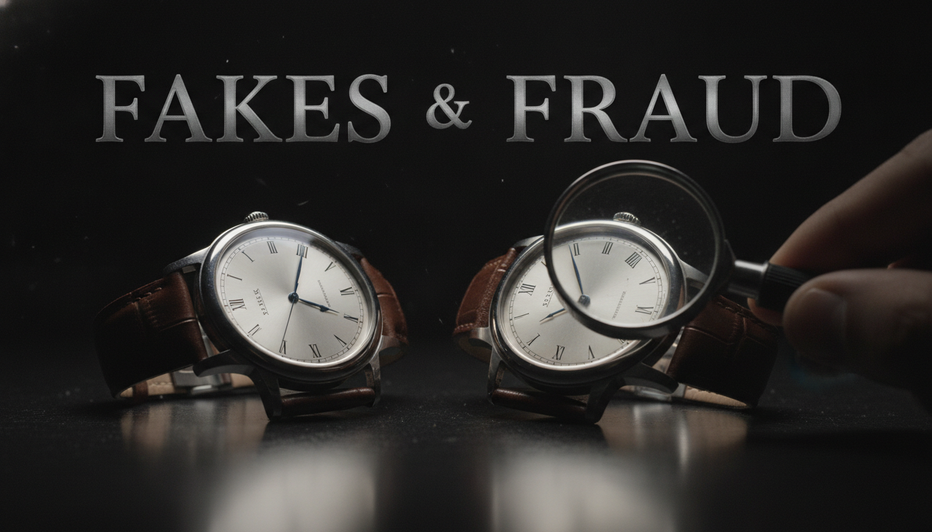 A high-contrast, moody close-up of a luxurious, classic wristwatch on a dark, reflective surface, with an identical-looking but subtly flawed counterfeit watch beside it. A magnifying loupe is positioned over one of the watches, hinting at close inspection. The scene is lit to emphasize texture and detail, creating an atmosphere of suspicion and hidden deception. Keywords in a large, elegant font: FAKES, FRAUD.
