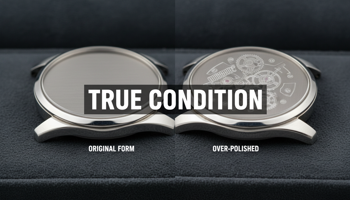 A vintage luxury watch case showing the difference between original form and over-polishing