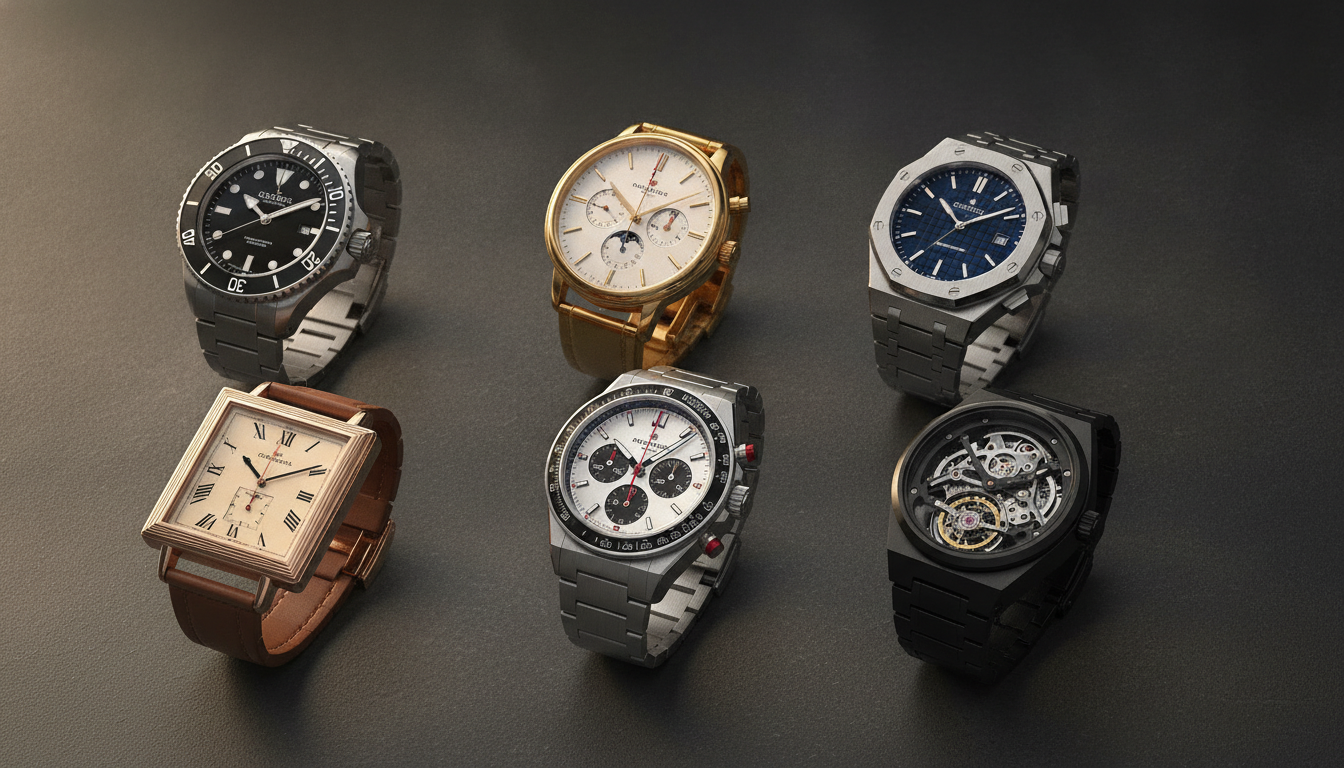 Curated display of six luxury watches from different maisons arranged in sequenc