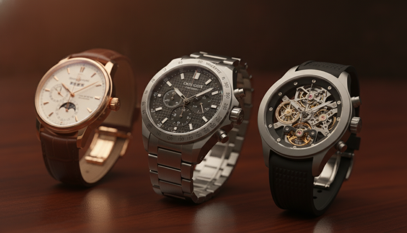 Three luxury watches arranged in editorial sequence on a dark warm surface