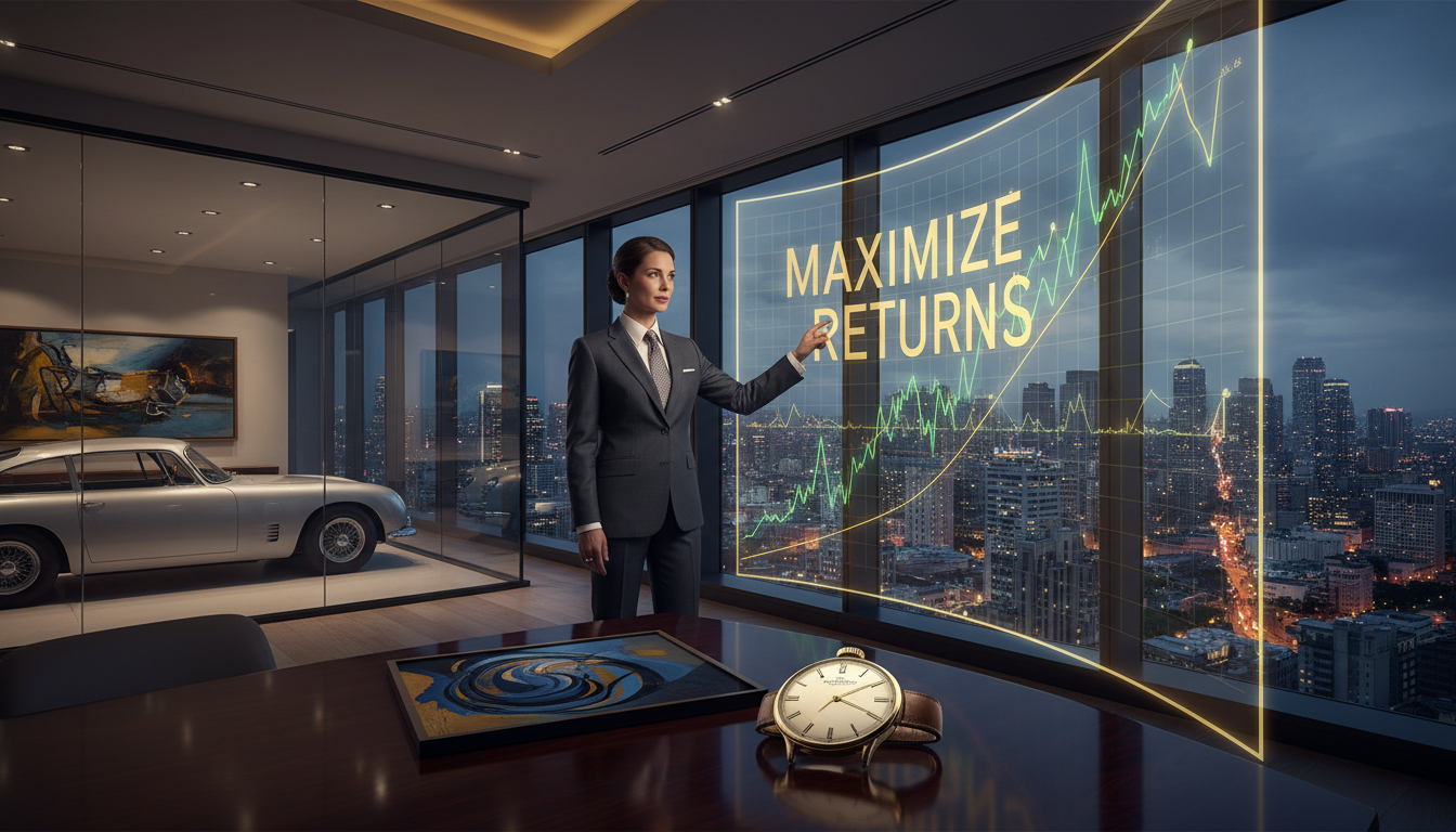 A sophisticated, highly detailed cinematic shot: a professional in a tailored suit stands in a luxurious, minimalist penthouse office at twilight, overlooking a glittering cityscape. On a massive, transparent holographic screen, a dynamic, upward-trending financial graph in vibrant green and gold is prominently displayed. In the foreground, an exquisite, rare vintage watch rests on a polished dark wood table next to a framed modern abstract art piece. Through a large, interior glass wall, a glimpse of a classic, gleaming luxury sports car is visible in an adjacent private gallery. The professional gestures thoughtfully towards the holographic screen, emphasizing strategic decision-making. Prominently overlaid on the screen in large, elegant font are the words 