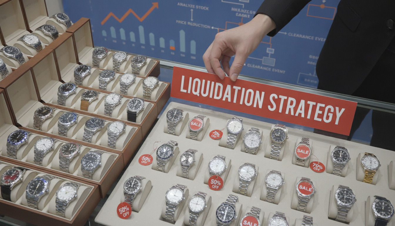 A visually striking, high-angle shot showcasing a watch inventory liquidation strategy in action. Numerous luxury watches are displayed across different stages: some neatly stacked in boxes, others individually tagged with prominent 'SALE' signs on a sleek counter. In the foreground, a professional hand is placing a bold, large-font banner that reads 'LIQUIDATION STRATEGY'. The background features blurred data charts and a strategic flowchart, emphasizing analytical decision-making. The lighting is crisp and strategic, highlighting both the watches and the methodical process of clearance.