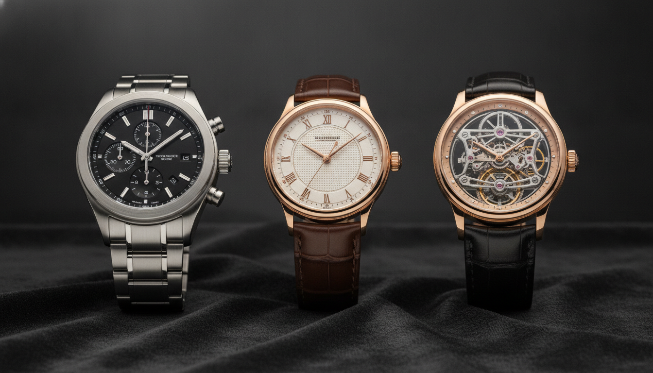 Editorial still life of three curated luxury watches: a steel sports chronograph