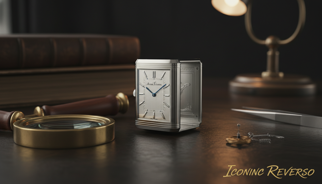 A Jaeger-LeCoultre Reverso watch prominently displayed, subtly highlighting its unique reversible case. It rests on a refined desk with a magnifying glass and classic watchmaking tools in the background, emphasizing precision and craftsmanship. The keywords
