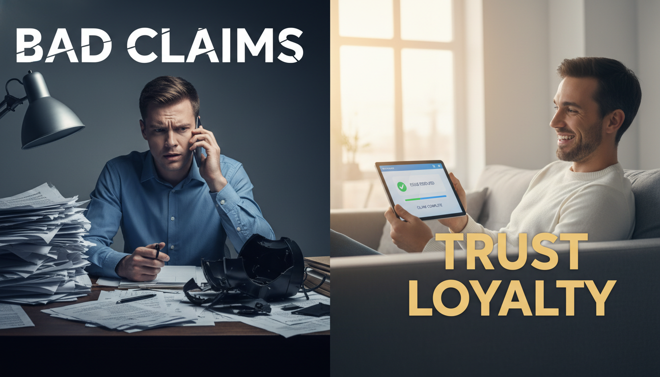 A split image showing a frustrating claims call on one side and a seamless digital claims experience on the other.