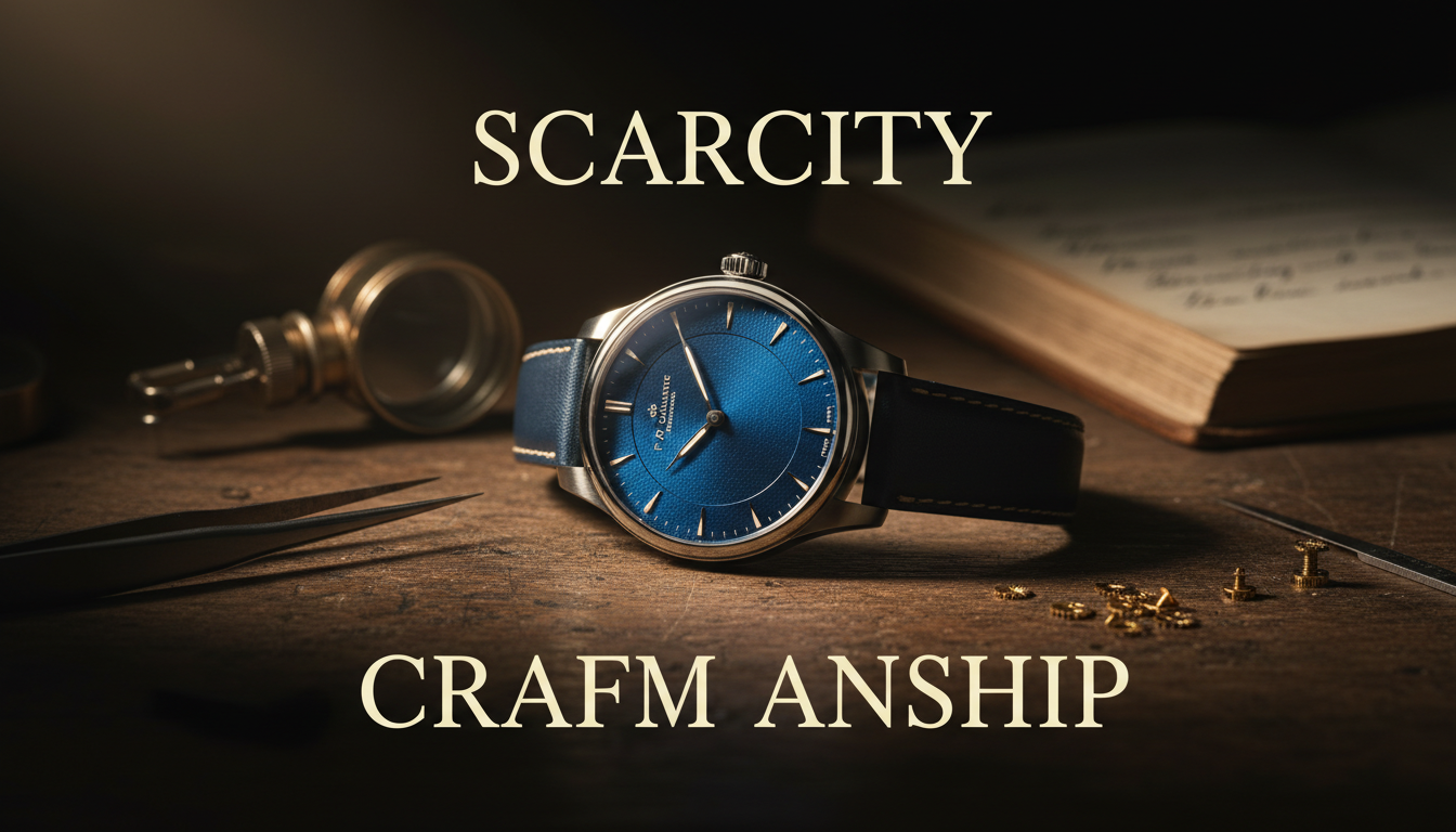 A close-up, highly detailed shot of a classic F.P. Journe Chronomètre Bleu watch, showcasing its intricate blue dial and elegant design. The watch is meticulously placed on a vintage wooden workbench, surrounded by traditional watchmaking tools like fine tweezers, a watchmaker's loupe, and small, precision-cut brass gears, emphasizing in-house craftsmanship. In the background, subtle elements suggest scarcity, such as a hand-written ledger with very few entries or a single spotlight illuminating the watch against a deep, dark workshop interior. The lighting is warm and focused, highlighting the watch's texture and details. Text overlay: 'SCARCITY' and 'CRAFTSMANSHIP' in elegant, large serif fonts.