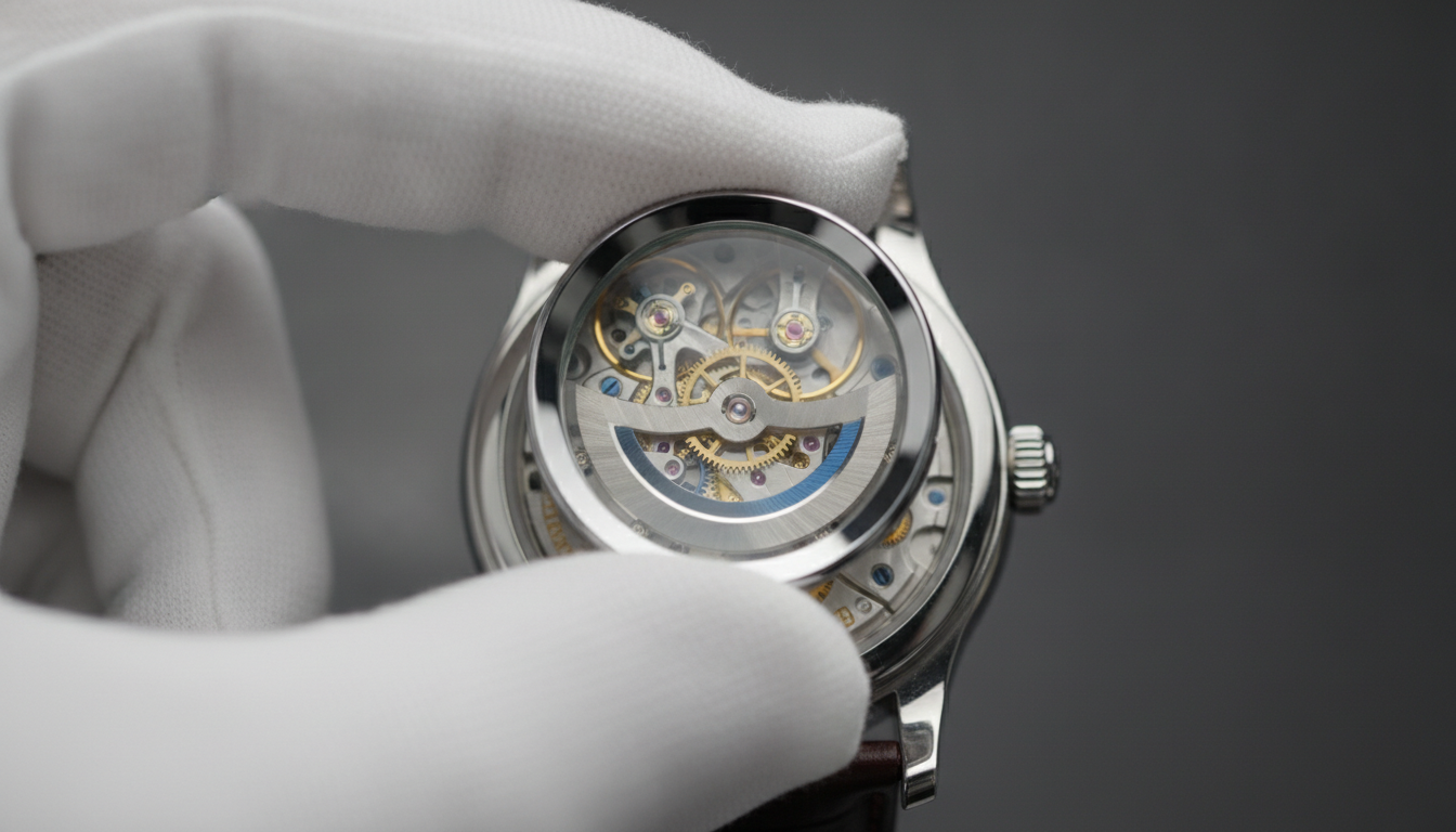 Close-up of gloved hands inspecting a watch movement through a jeweler's loupe.