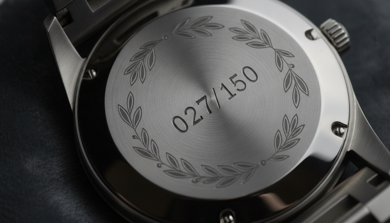 Close-up of a polished stainless steel watch caseback showing precisely engraved