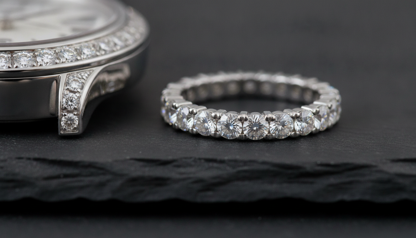 Macro close-up of a diamond-set watch bezel next to a half-eternity diamond band