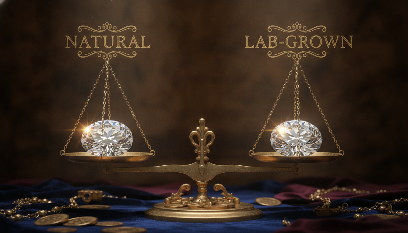 A luxurious and informative image contrasting two dazzling diamonds: on the left, a large, brilliant natural diamond, and on the right, an equally brilliant lab-grown diamond. They are elegantly balanced on an antique gold scale, with the natural diamond's side subtly lower, visually implying greater perceived value. The setting is rich and sophisticated, featuring deep velvet and soft, focused lighting that enhances the sparkle and fire of both stones. Large, prominent text in an elegant font reads: 'NATURAL' above the left diamond, and 'LAB-GROWN' above the right diamond. The overall composition emphasizes clarity, brilliance, and the distinct value proposition of each.