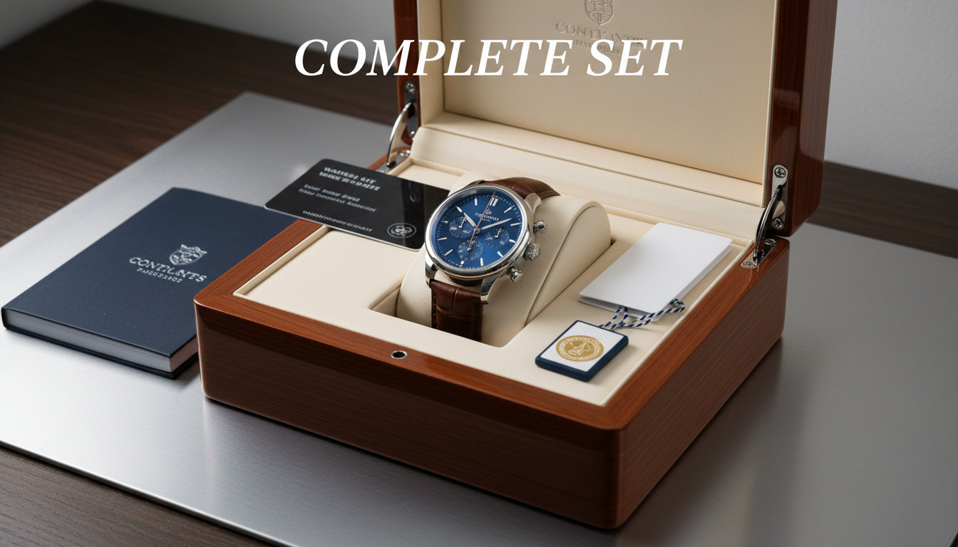 A luxury watch shown with its complete set, including box and papers.
