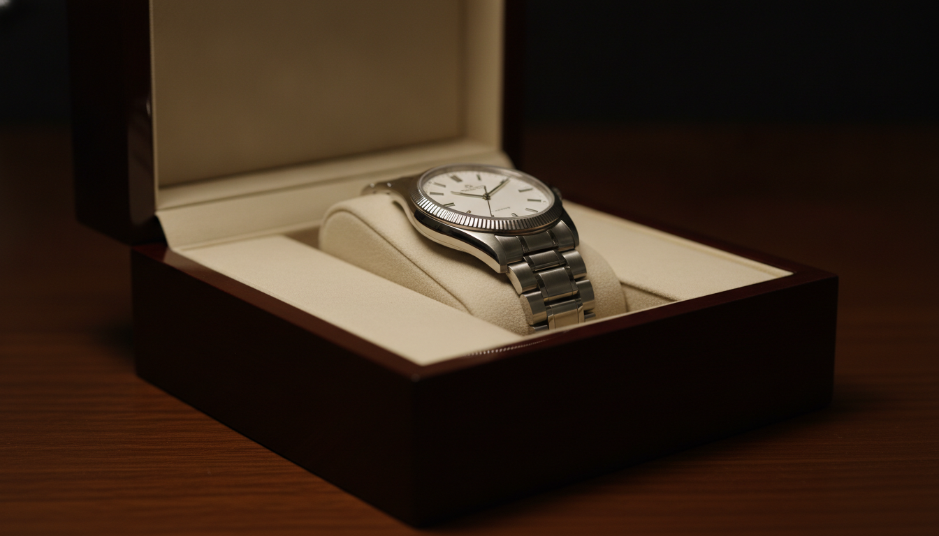 Luxury watch resting inside an open dark mahogany presentation box, capturing th