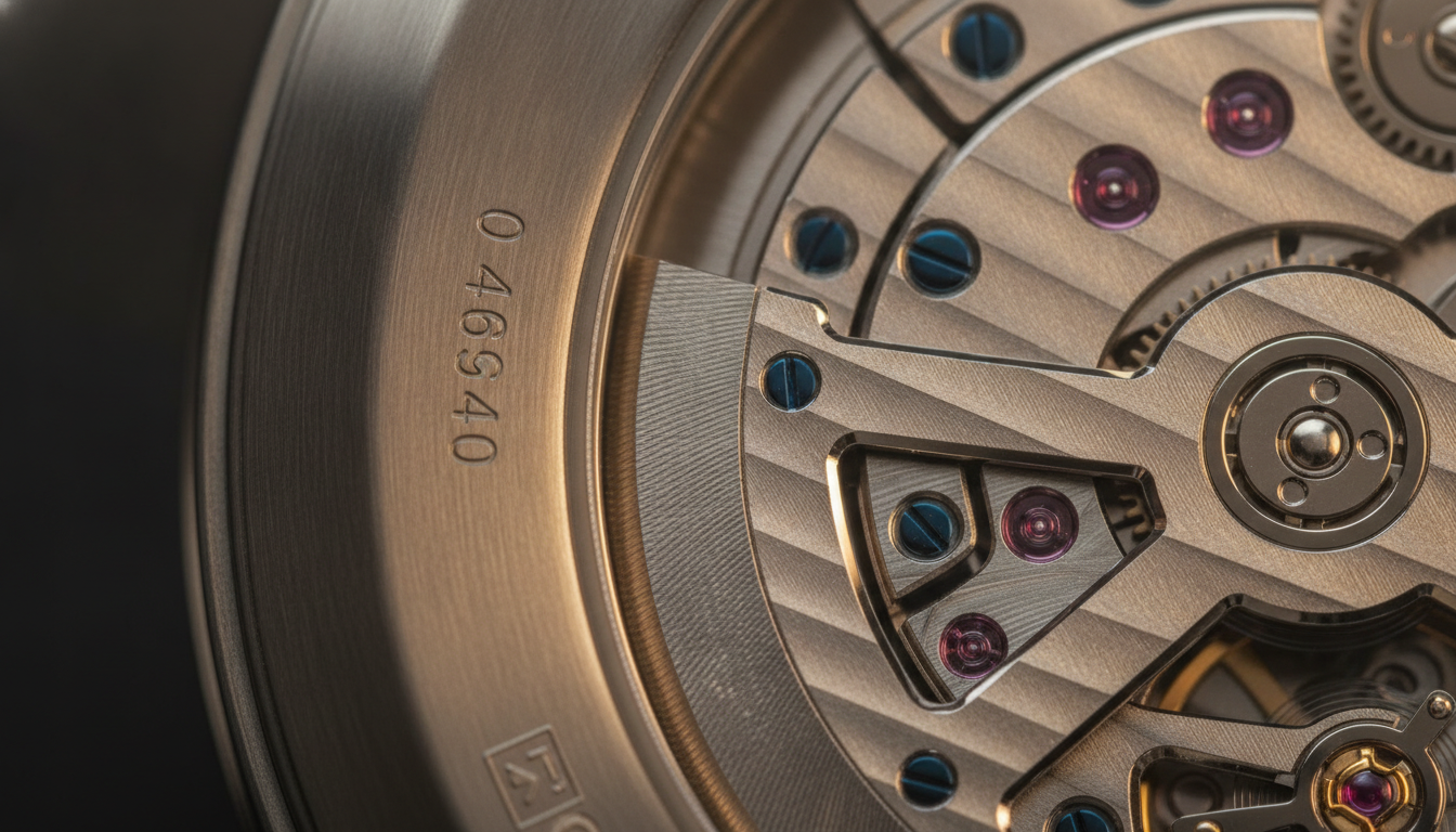 Macro detail of a luxury watch case back with engraved serial numbers alongside
