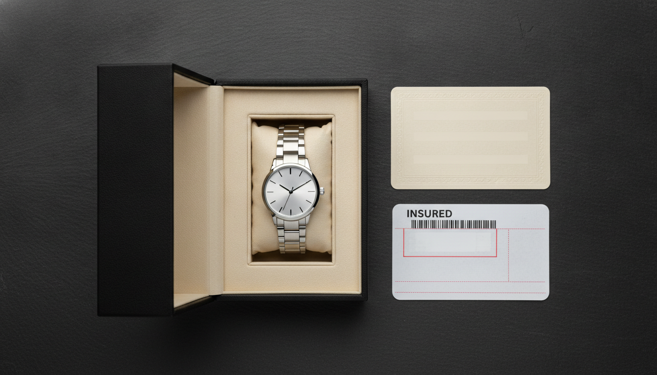 Overhead view of an open luxury watch presentation case on a dark surface, accom