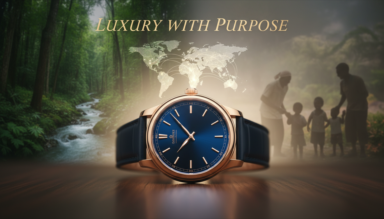 A meticulously crafted, elegant luxury watch with a deep sapphire dial and polished rose gold casing, resting on a smooth, dark wooden surface. Behind it, an ethereal, glowing visualization unfolds: on the left, a vibrant, lush forest and clean flowing river symbolize sustainable sourcing; on the right, silhouettes of smiling community members and children from a developing region receiving support. A subtle, interconnected world map hologram shimmers between these elements, emphasizing global reach. Large, sophisticated text 'LUXURY WITH PURPOSE' is subtly integrated into the upper background, conveying the message of ethical consumption.