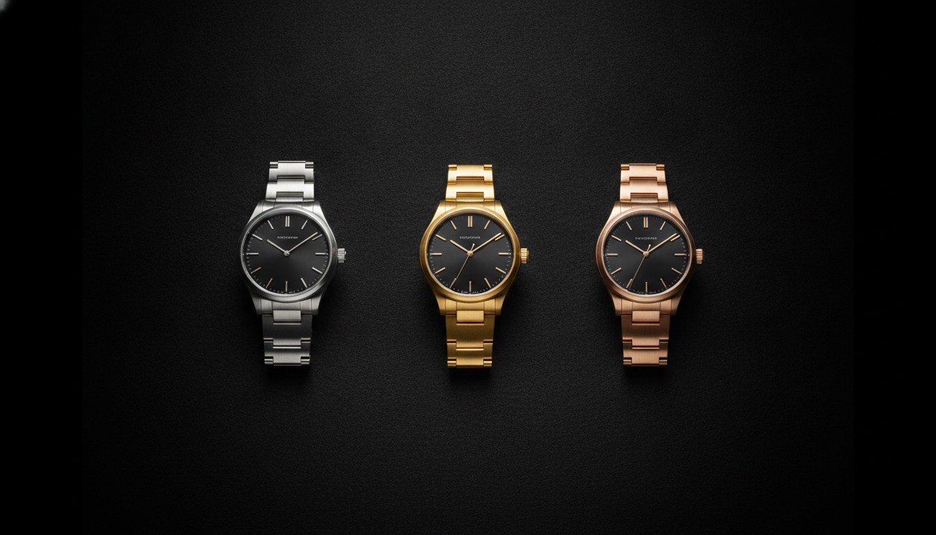 Three luxury wristwatches arranged in a quiet, evenly spaced lineup on a dark su