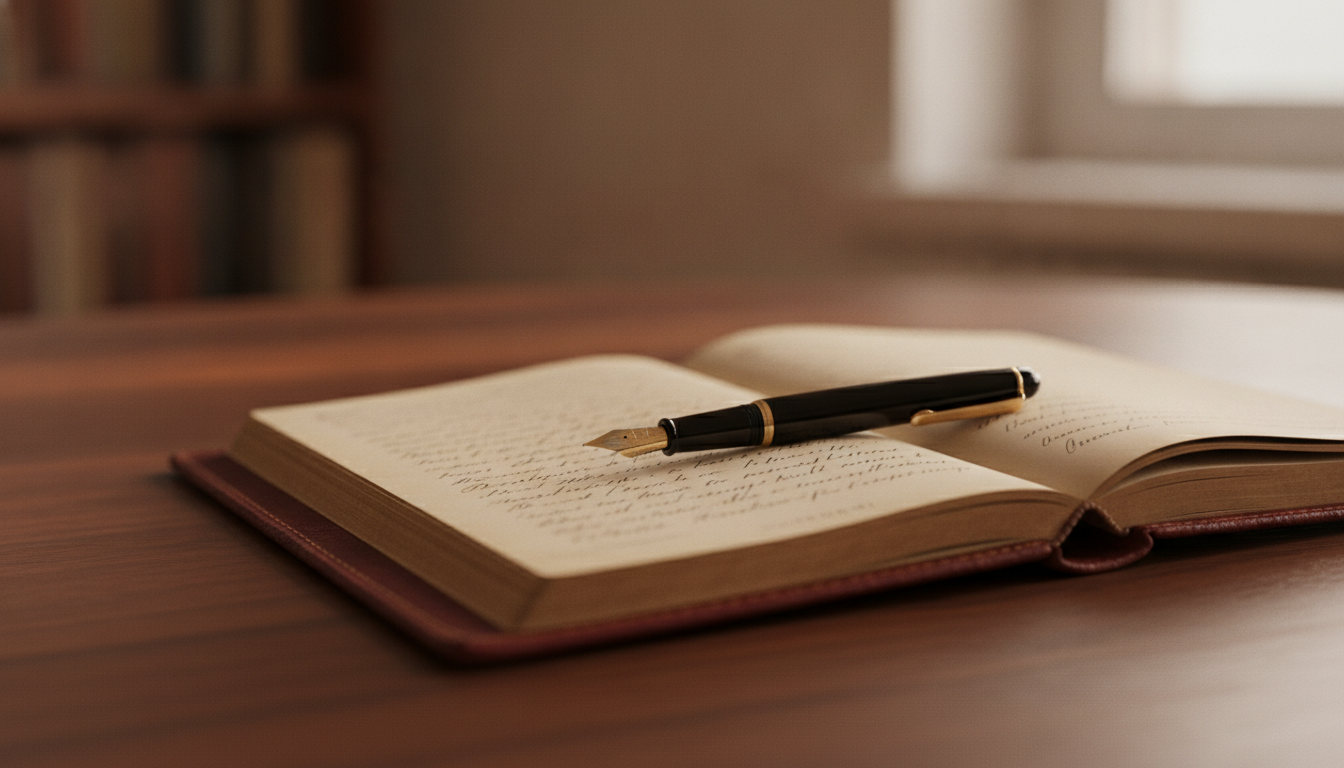 Open vintage leather-bound notebook with handwritten entries and a fountain pen 