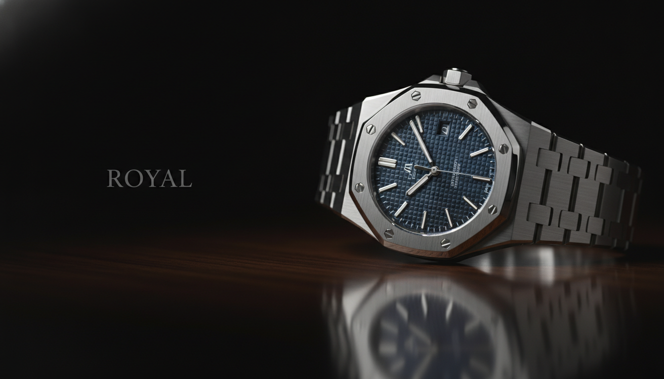 A high-end, professional studio photograph of a luxury stainless steel watch with an iconic octagonal bezel resting on a dark, polished wooden surface. Soft, dramatic lighting highlighting the brushed metal finish and the intricate tapisserie dial. Cinematic depth of field, sharp focus on the watch head. Minimalist luxury aesthetic with the words 'ROYAL OAK' elegantly placed in the negative space.