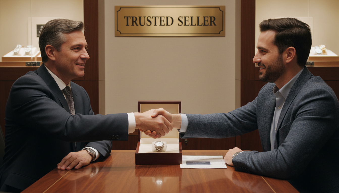 A firm handshake between a reputable watch dealer (in a professional setting like a well-appointed shop) and a buyer, with a watch box or document visible on a table, symbolizing trust and a reliable transaction. The keywords