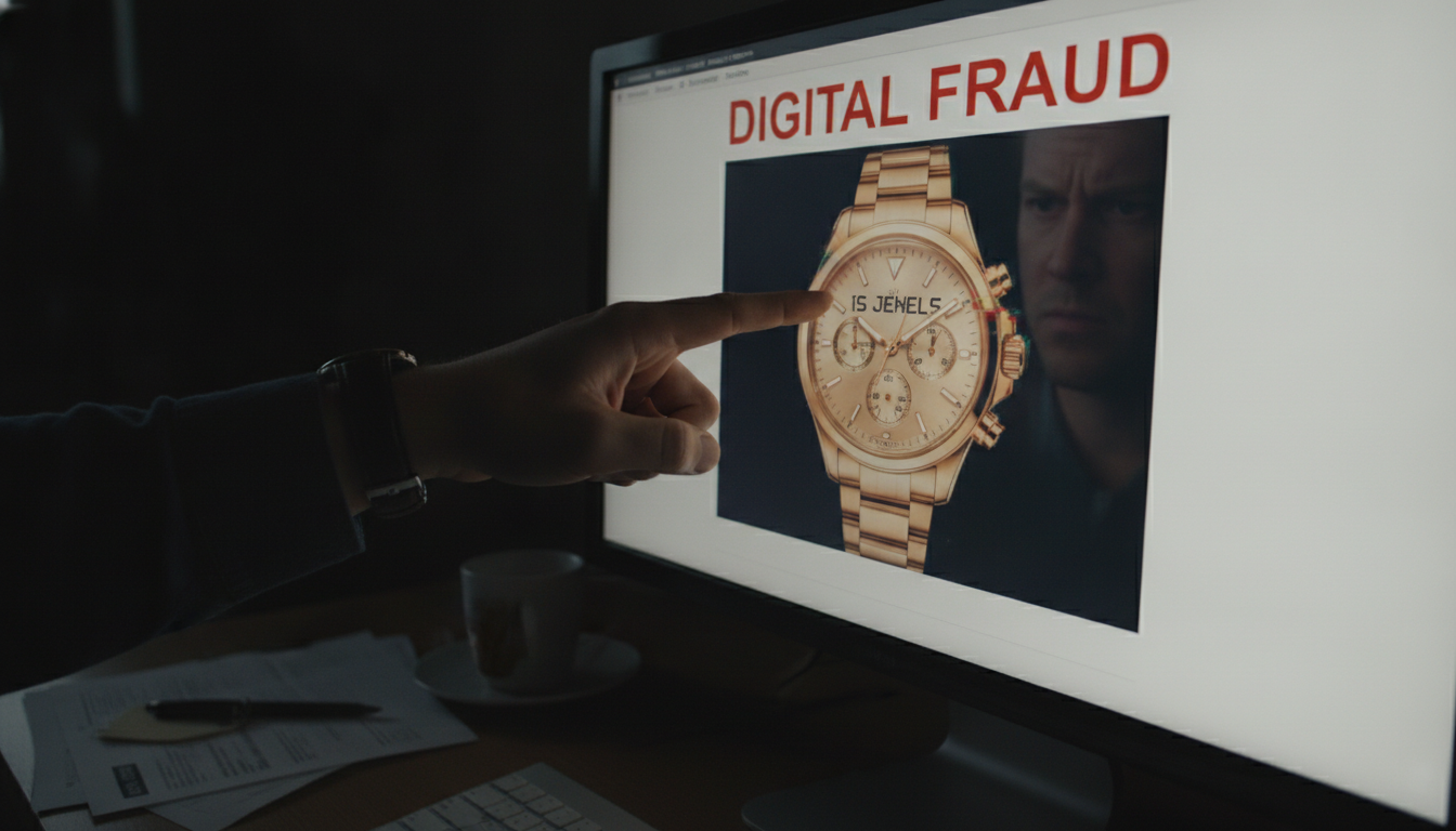 A person's hand points to a computer screen displaying a digitally manipulated watch listing