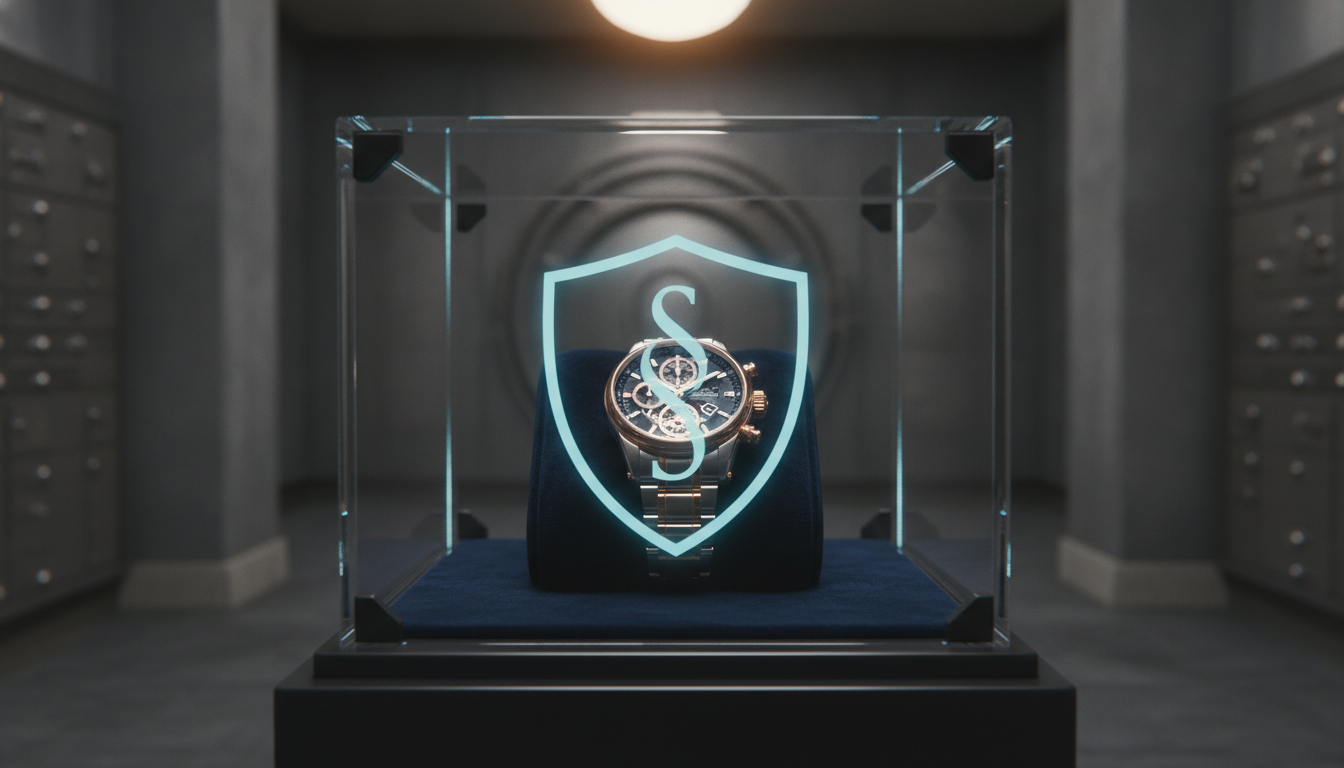 A highly detailed, cinematic shot of a gleaming luxury watch (e.g., automatic chronograph) safely nestled on a velvet cushion within a pristine, crystal-clear, armored display case. A subtle, ethereal blue glow or a stylized shield icon subtly overlays the case, symbolizing robust insurance and financial protection. The background is a soft-focus, sophisticated bank vault or secure lounge, emphasizing value and peace of mind. Professional, warm lighting illuminates the scene, highlighting the watch's intricate details and the concept of safeguarding investment.