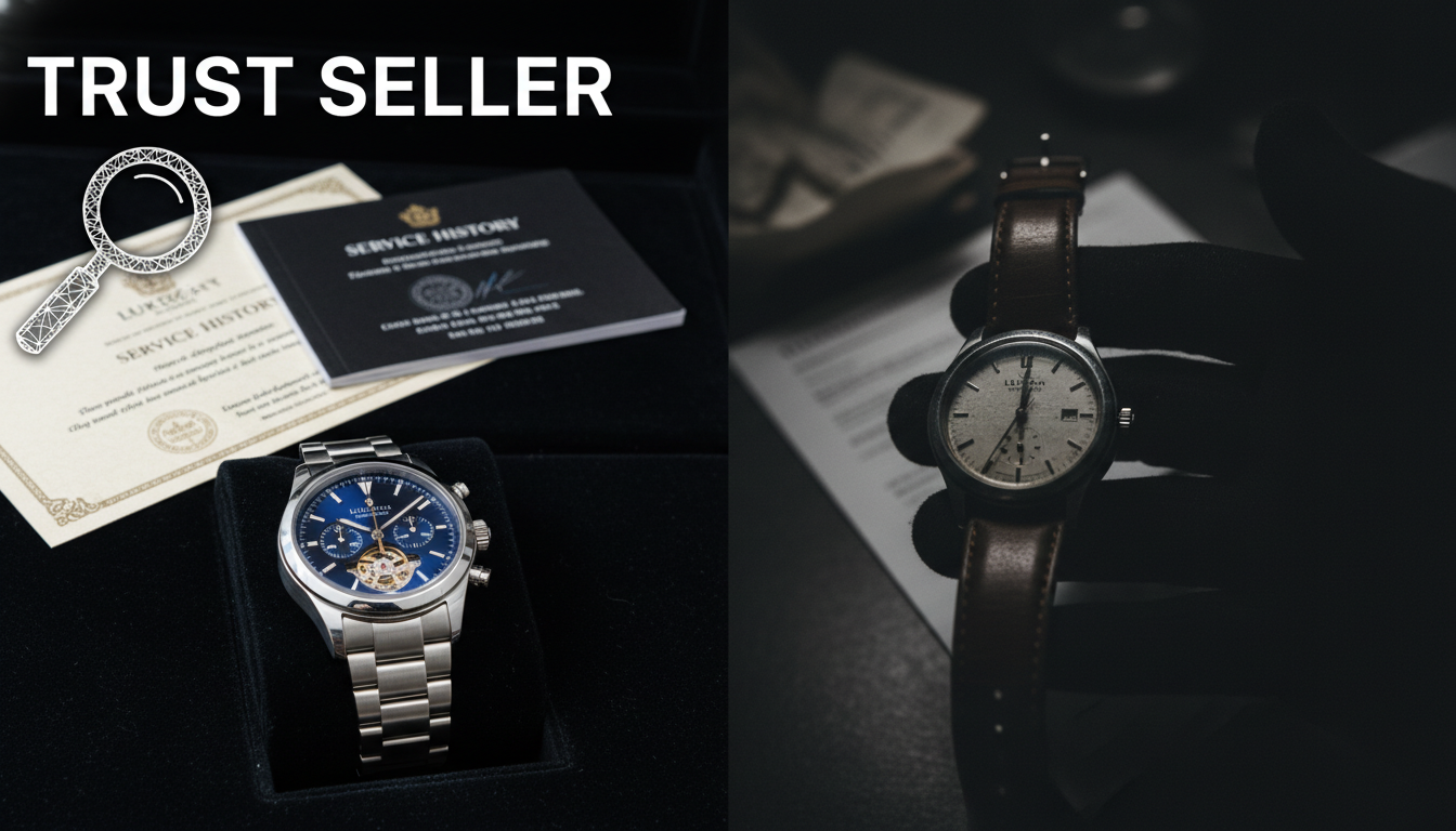 A split image representing trust versus distrust in a watch sale.