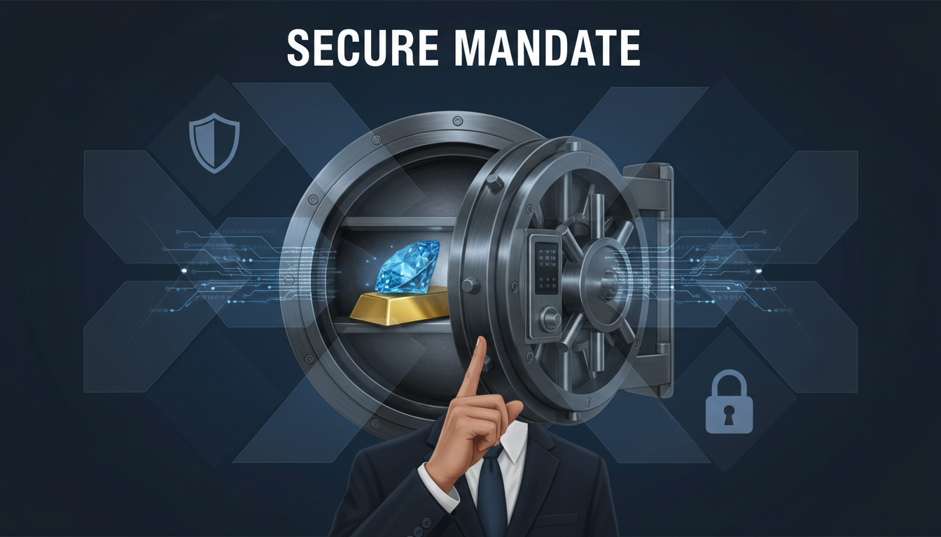 A detailed, realistic illustration depicting the paramount importance of security and confidentiality in high-value asset transactions. The image should feature a sophisticated, modern vault or safe, slightly ajar, revealing a glimpse of valuable items like a gold bar or a rare gem. Surrounding the vault, abstract visual elements represent layers of protection: a subtle shield icon, a lock symbol, and a secure digital interface. A professional, trustworthy hand gesture in the foreground emphasizes discretion. The color palette should be muted and serious, focusing on dark blues, grays, and metallic accents, conveying trust and robustness. No futuristic elements. Text overlay with large fonts: 