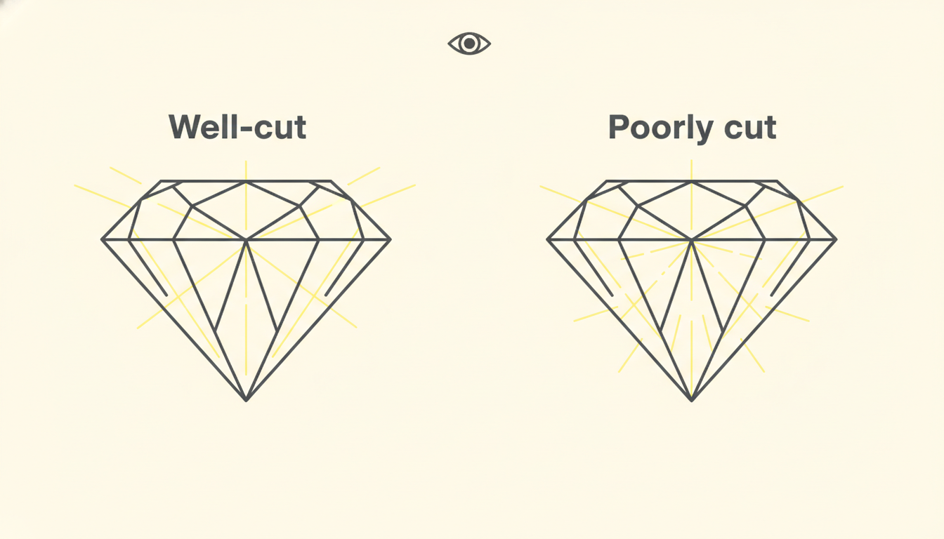 Diagram comparing light behavior in a well-cut diamond versus a poorly cut diamo