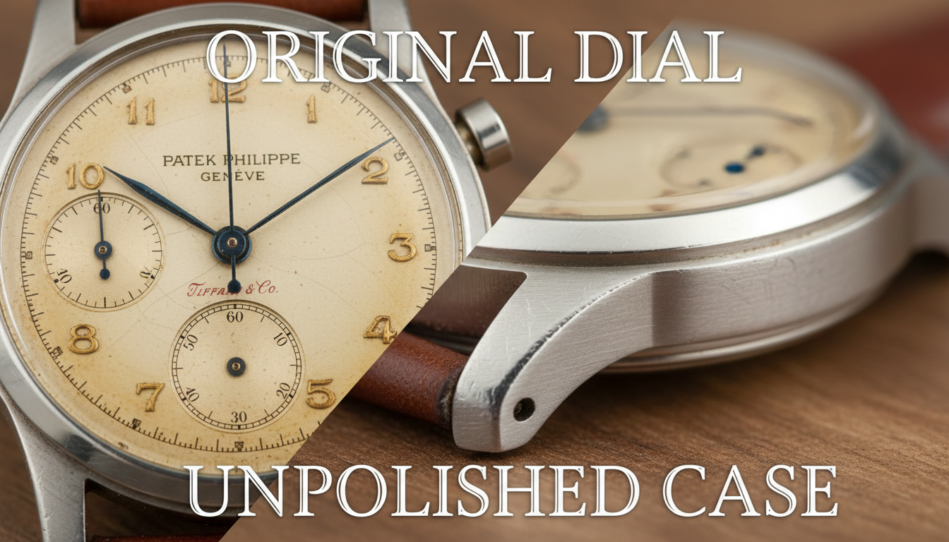 A vintage Patek Philippe showcasing an original dial and unpolished case.