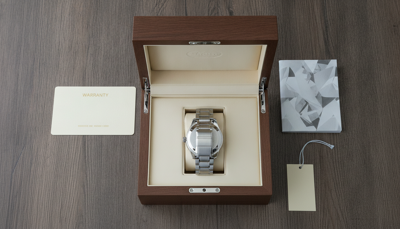 Overhead view of an opened luxury watch box with papers and booklets on dark woo