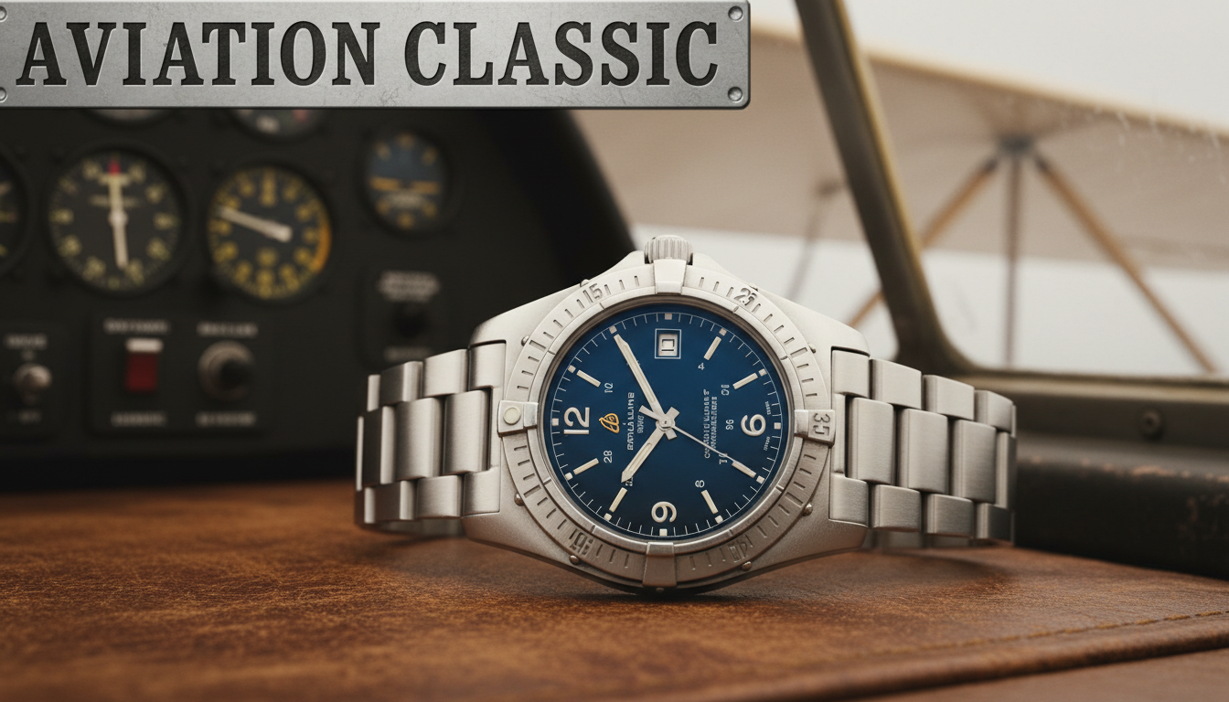 An older Breitling Colt watch, close-up, with a subtle background featuring elements of aviation like a blurred cockpit instrument panel or a vintage airplane wing. The design emphasizes its robust and classic build. The keywords