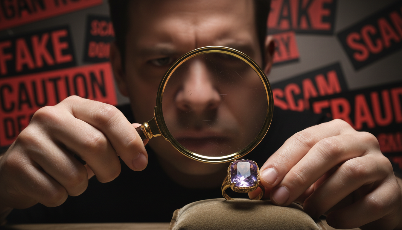 A close-up of a hand holding a magnifying glass over a generic piece of jewelry, scrutinizing it. In the background, blurry red warning signs or 'FAKE' and 'SCAM' keywords are visible, conveying deception and poor quality. The overall mood is skeptical and cautious.