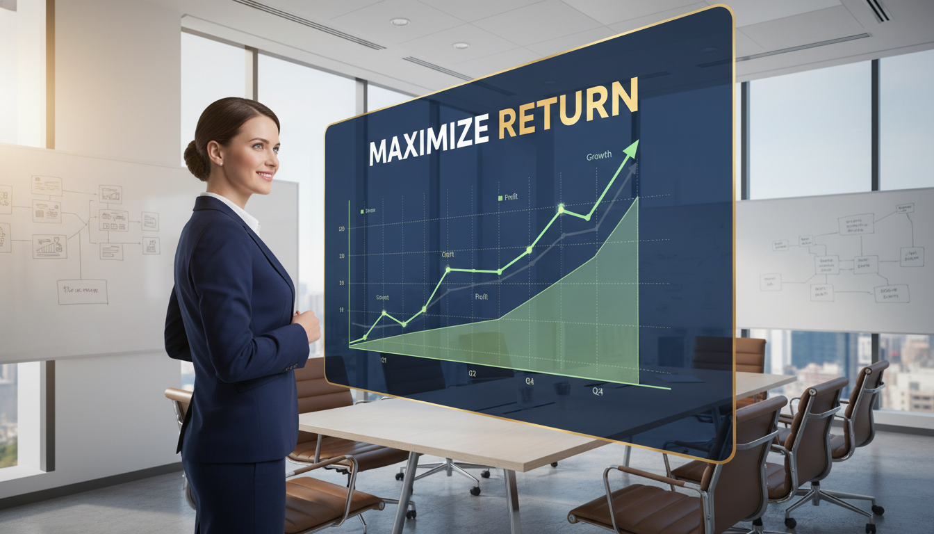 A professional seller, a person, with a confident expression, reviewing a financial graph showing an upward trend, indicating growth and maximized returns. The setting is bright and professional, suggesting strategic planning and successful outcomes. Large bold text within the image reads 'MAXIMIZE RETURN'. Avoid futuristic look.